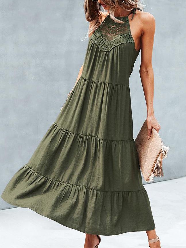 Hanging Neck Solid Color Stitching Big Swing Dress - Midi Dresses - INS | Online Fashion Free Shipping Clothing, Dresses, Tops, Shoes - 05/17/2021 - Category_Midi Dresses - Color_Army Green