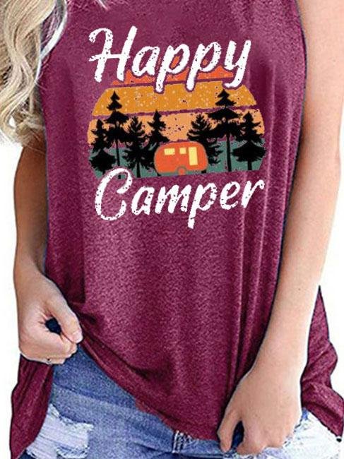 Happy Camper Print Crew Neck Tanks Tops - Tanks - INS | Online Fashion Free Shipping Clothing, Dresses, Tops, Shoes - 01/06/2021 - Category_Tanks - Color_Black