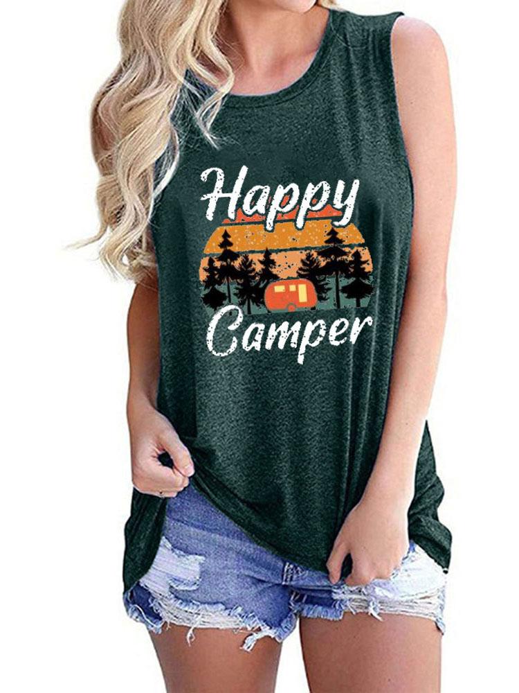Happy Camper Print Crew Neck Tanks Tops - Tanks - INS | Online Fashion Free Shipping Clothing, Dresses, Tops, Shoes - 01/06/2021 - Category_Tanks - Color_Black