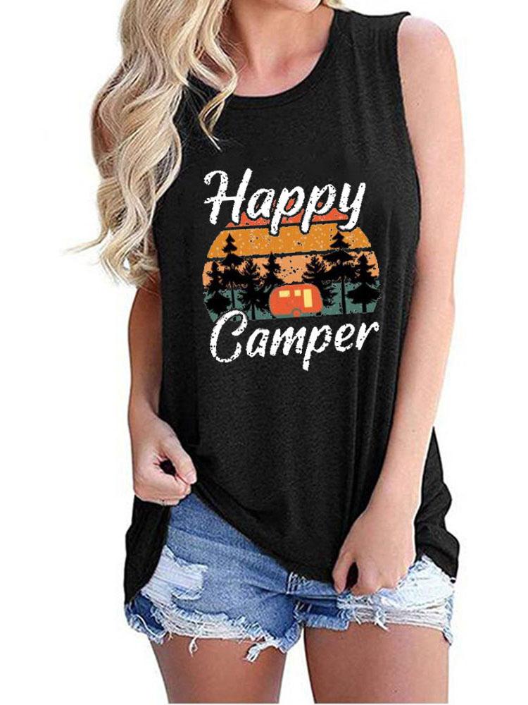 Happy Camper Print Crew Neck Tanks Tops - Tanks - INS | Online Fashion Free Shipping Clothing, Dresses, Tops, Shoes - 01/06/2021 - Category_Tanks - Color_Black
