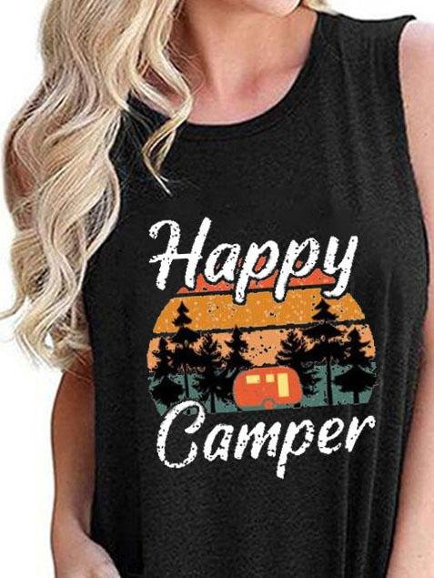 Happy Camper Print Crew Neck Tanks Tops - Tanks - INS | Online Fashion Free Shipping Clothing, Dresses, Tops, Shoes - 01/06/2021 - Category_Tanks - Color_Black