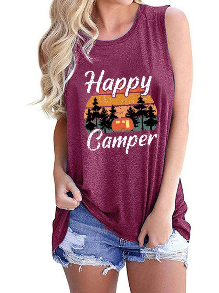 Happy Camper Print Crew Neck Tanks Tops - Tanks - INS | Online Fashion Free Shipping Clothing, Dresses, Tops, Shoes - 01/06/2021 - Category_Tanks - Color_Black