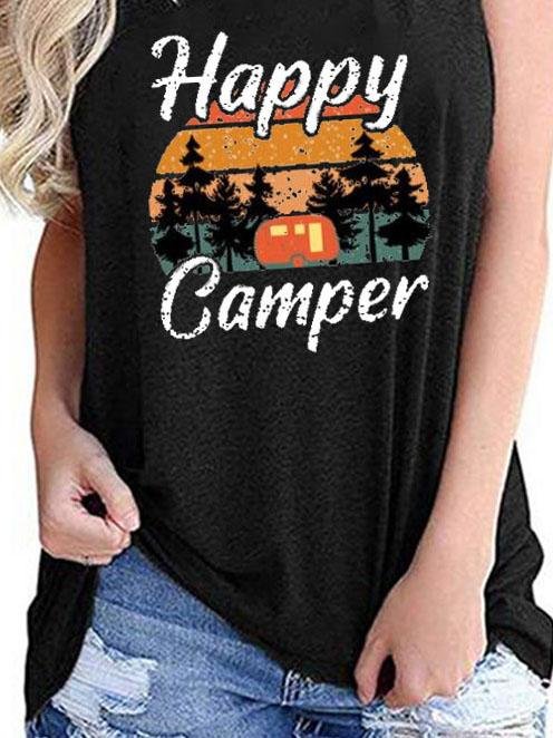 Happy Camper Print Crew Neck Tanks Tops - Tanks - INS | Online Fashion Free Shipping Clothing, Dresses, Tops, Shoes - 01/06/2021 - Category_Tanks - Color_Black