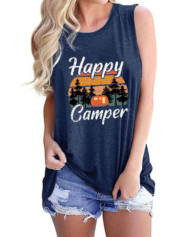 Happy Camper Print Crew Neck Tanks Tops - Tanks - INS | Online Fashion Free Shipping Clothing, Dresses, Tops, Shoes - 01/06/2021 - Category_Tanks - Color_Black
