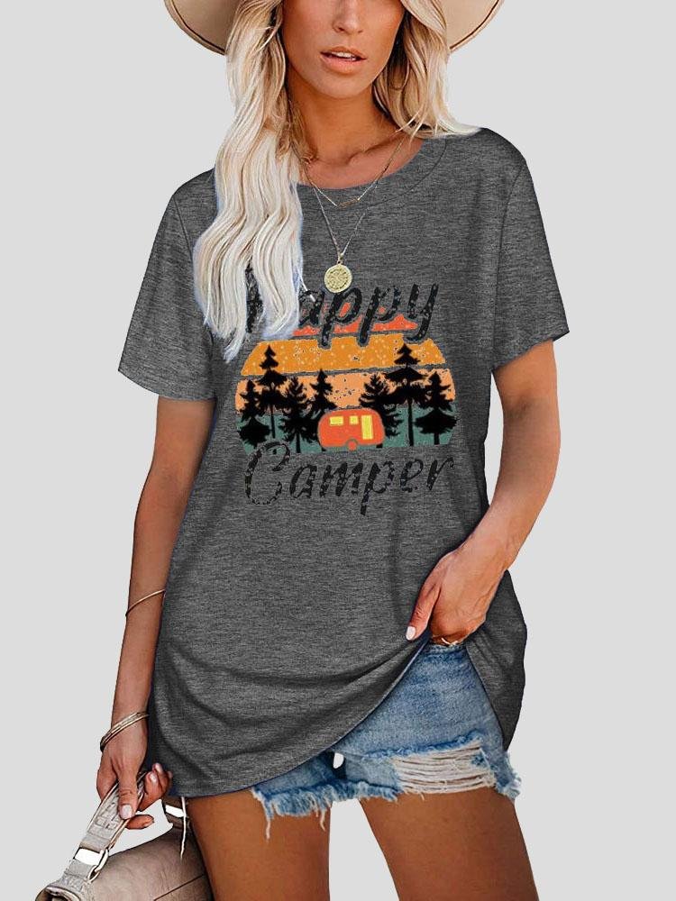Happy Camper Round Neck Short-sleeve T-shirt - T-shirts - INS | Online Fashion Free Shipping Clothing, Dresses, Tops, Shoes - 10-20 - 22/07/2021 - color-gray