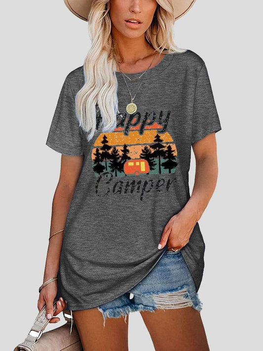 Happy Camper Round Neck Short-sleeve T-shirt - T-shirts - INS | Online Fashion Free Shipping Clothing, Dresses, Tops, Shoes - 10-20 - 22/07/2021 - color-gray
