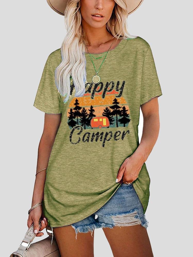 Happy Camper Round Neck Short-sleeve T-shirt - T-shirts - INS | Online Fashion Free Shipping Clothing, Dresses, Tops, Shoes - 10-20 - 22/07/2021 - color-gray