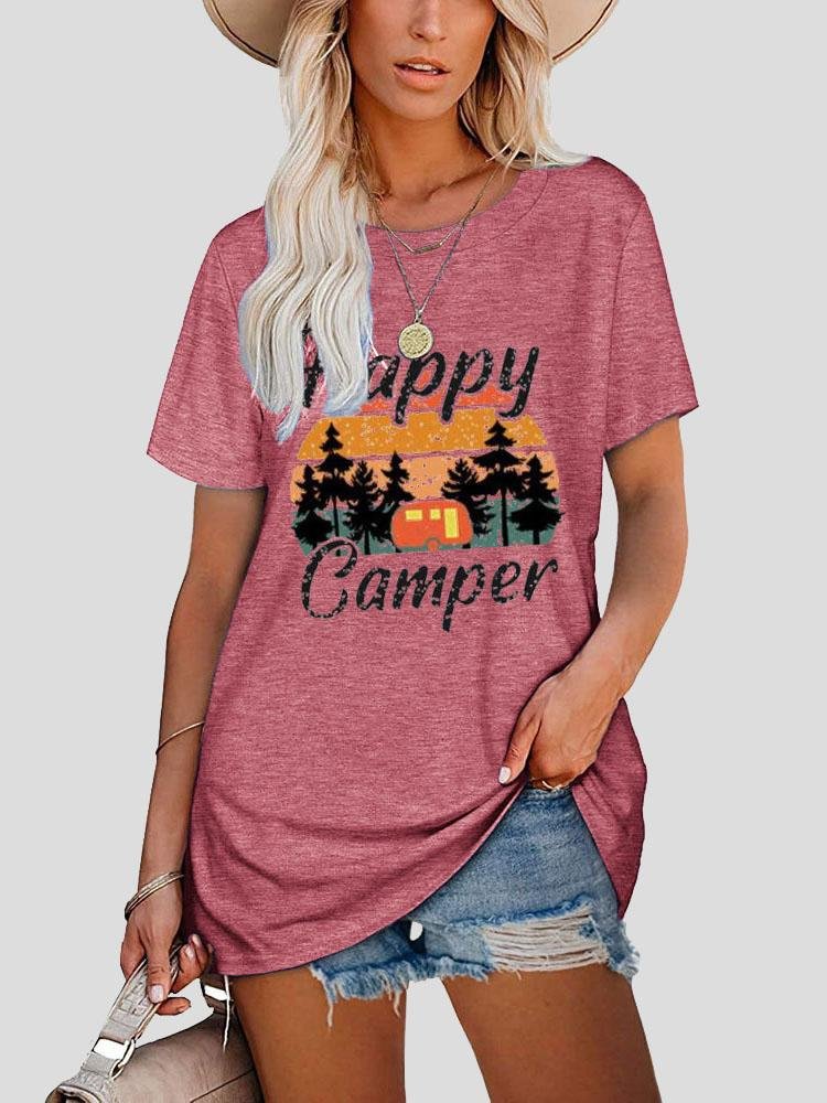 Happy Camper Round Neck Short-sleeve T-shirt - T-shirts - INS | Online Fashion Free Shipping Clothing, Dresses, Tops, Shoes - 10-20 - 22/07/2021 - color-gray