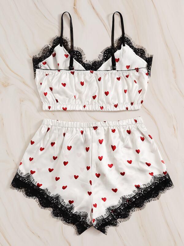 Heart Print Eyelash Lace Satin Lingerie Set - INS | Online Fashion Free Shipping Clothing, Dresses, Tops, Shoes
