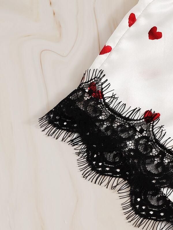 Heart Print Eyelash Lace Satin Lingerie Set - INS | Online Fashion Free Shipping Clothing, Dresses, Tops, Shoes