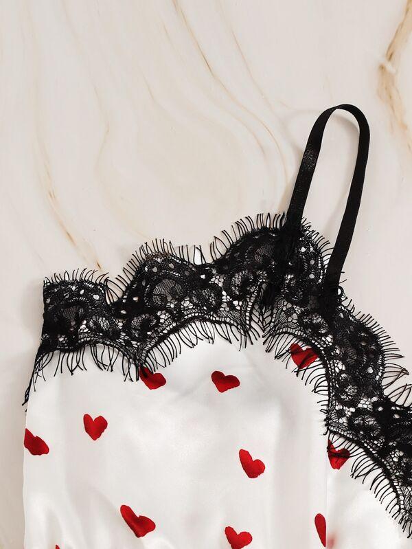 Heart Print Eyelash Lace Satin Lingerie Set - INS | Online Fashion Free Shipping Clothing, Dresses, Tops, Shoes