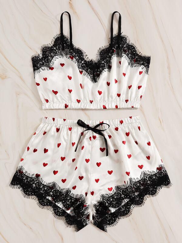 Heart Print Eyelash Lace Satin Lingerie Set - INS | Online Fashion Free Shipping Clothing, Dresses, Tops, Shoes