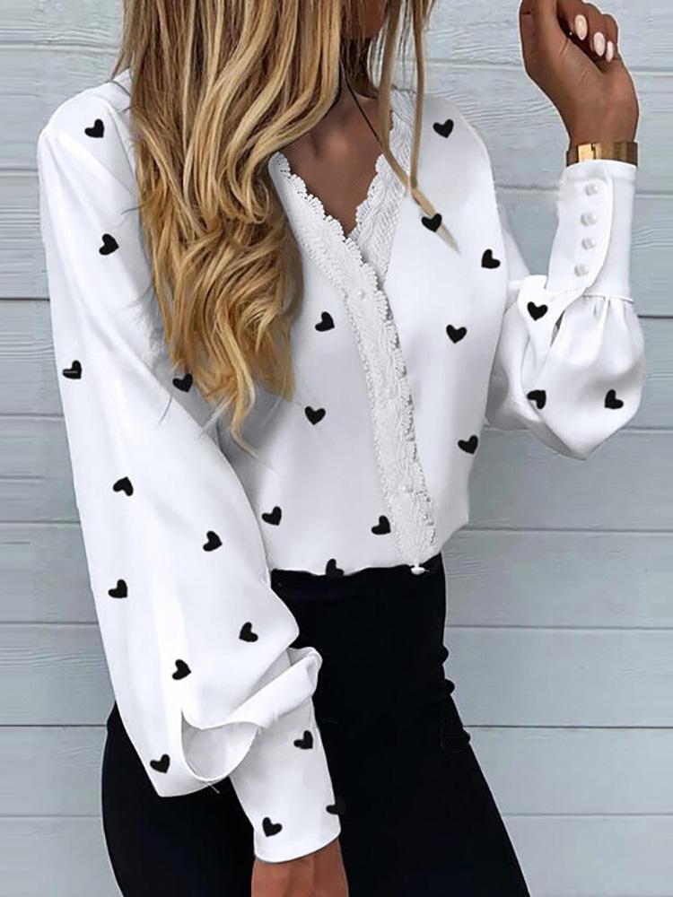 Heart Print Lantern Sleeve Shirt - Blouses - INS | Online Fashion Free Shipping Clothing, Dresses, Tops, Shoes - 29/04/2021 - BLO210429044 - Blouses