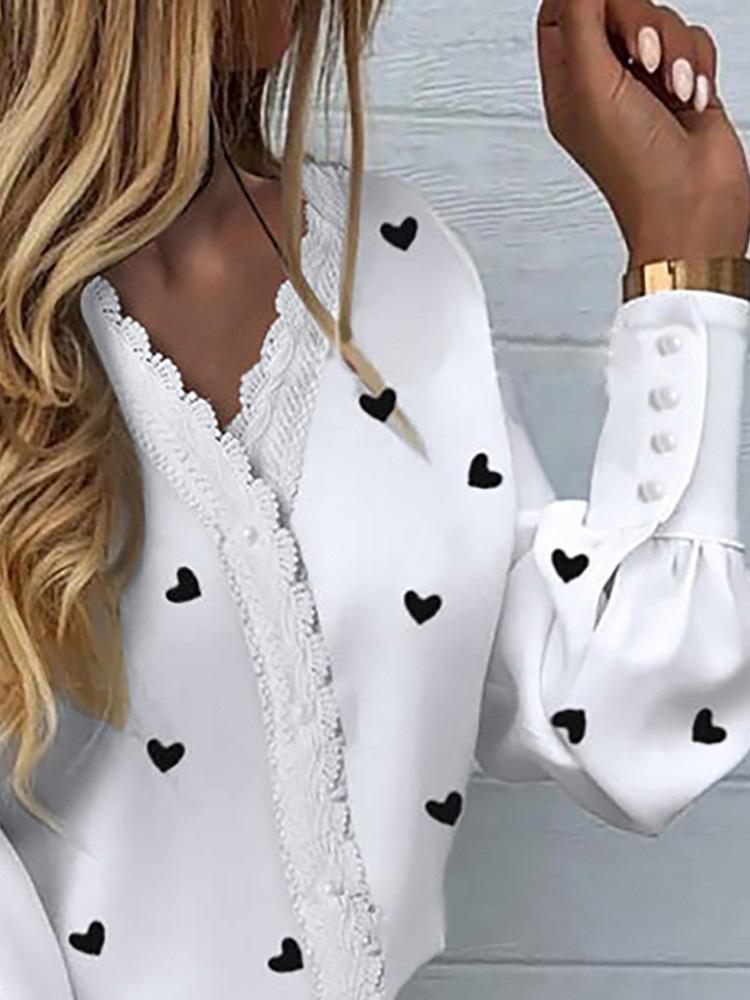 Heart Print Lantern Sleeve Shirt - Blouses - INS | Online Fashion Free Shipping Clothing, Dresses, Tops, Shoes - 29/04/2021 - BLO210429044 - Blouses