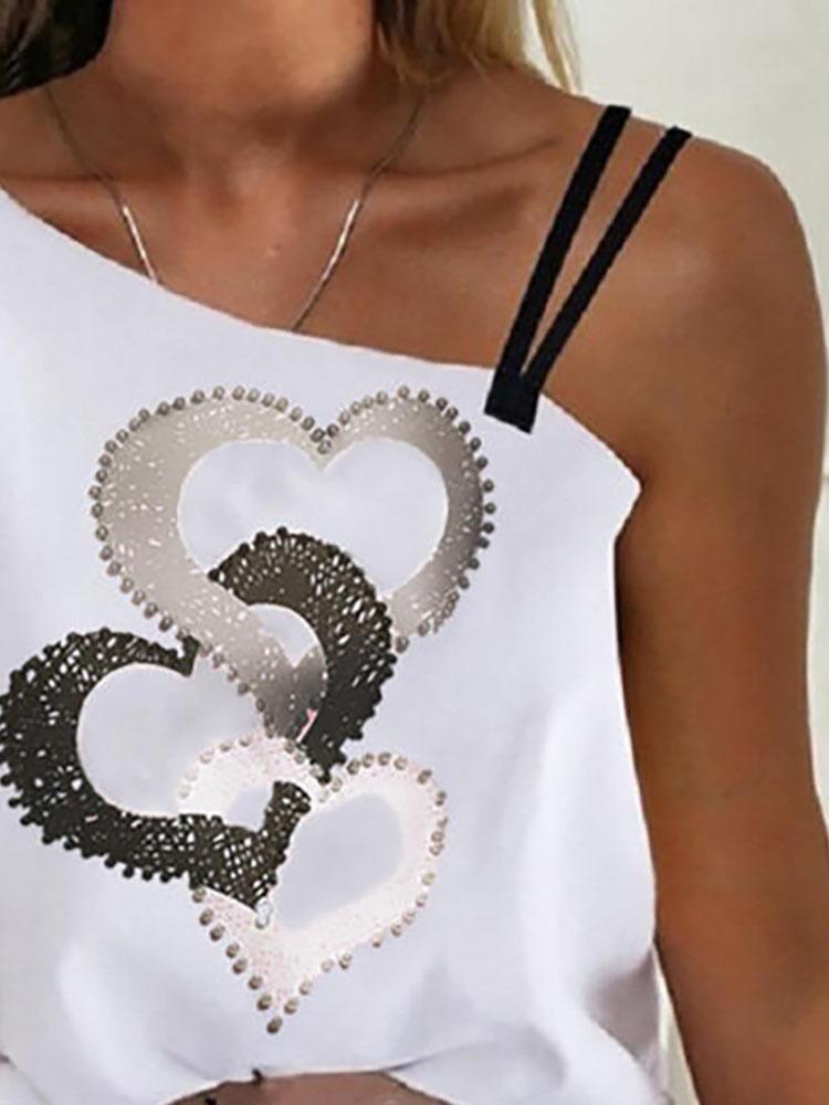 Heart Print One-Shoulder Short Sleeves Casual Blouse - T-Shirts - INS | Online Fashion Free Shipping Clothing, Dresses, Tops, Shoes - 21/04/2021 - Catagory_T-Shirts - Color_White