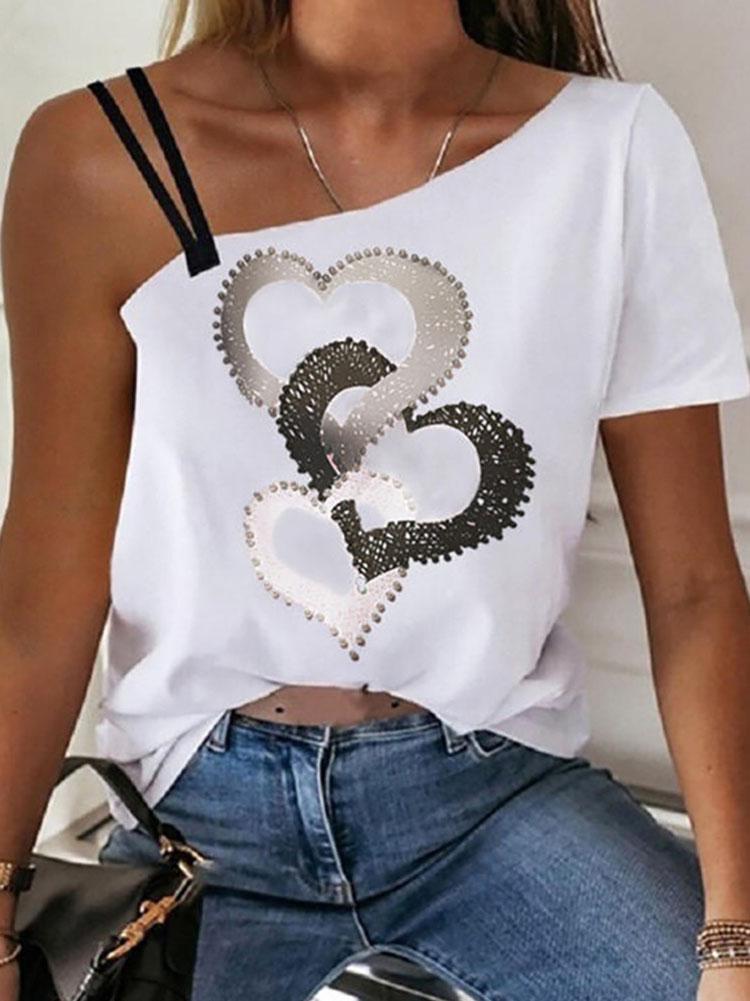 Heart Print One-Shoulder Short Sleeves Casual Blouse - T-Shirts - INS | Online Fashion Free Shipping Clothing, Dresses, Tops, Shoes - 21/04/2021 - Catagory_T-Shirts - Color_White