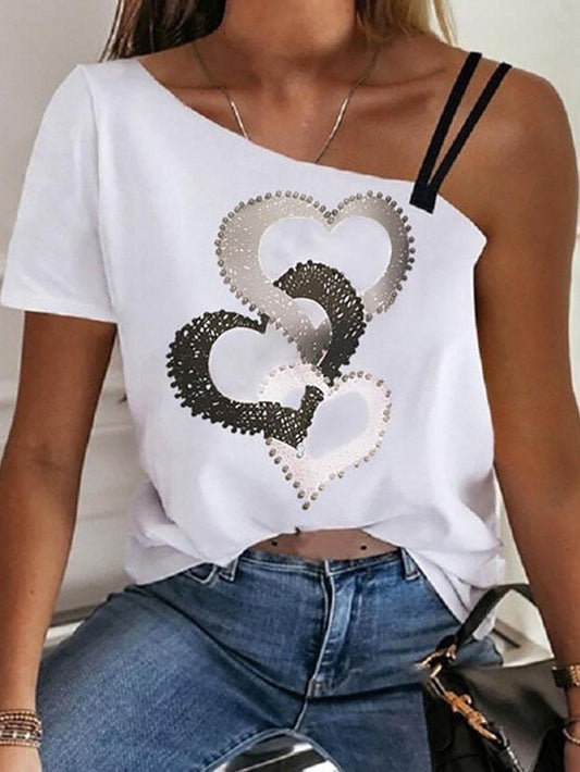 Heart Print One-Shoulder Short Sleeves Casual Blouse - T-Shirts - INS | Online Fashion Free Shipping Clothing, Dresses, Tops, Shoes - 21/04/2021 - Catagory_T-Shirts - Color_White