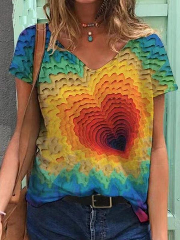 Heart Printed V-neck Short-sleeved T-shirt - T-shirts - INS | Online Fashion Free Shipping Clothing, Dresses, Tops, Shoes - 10/06/2021 - Color_Blue - Size_2XL