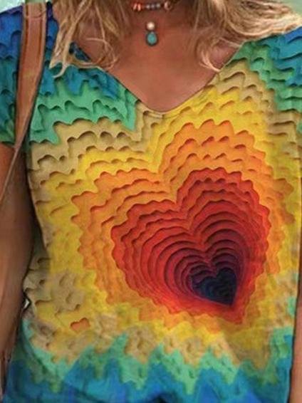 Heart Printed V-neck Short-sleeved T-shirt - T-shirts - INS | Online Fashion Free Shipping Clothing, Dresses, Tops, Shoes - 10/06/2021 - Color_Blue - Size_2XL