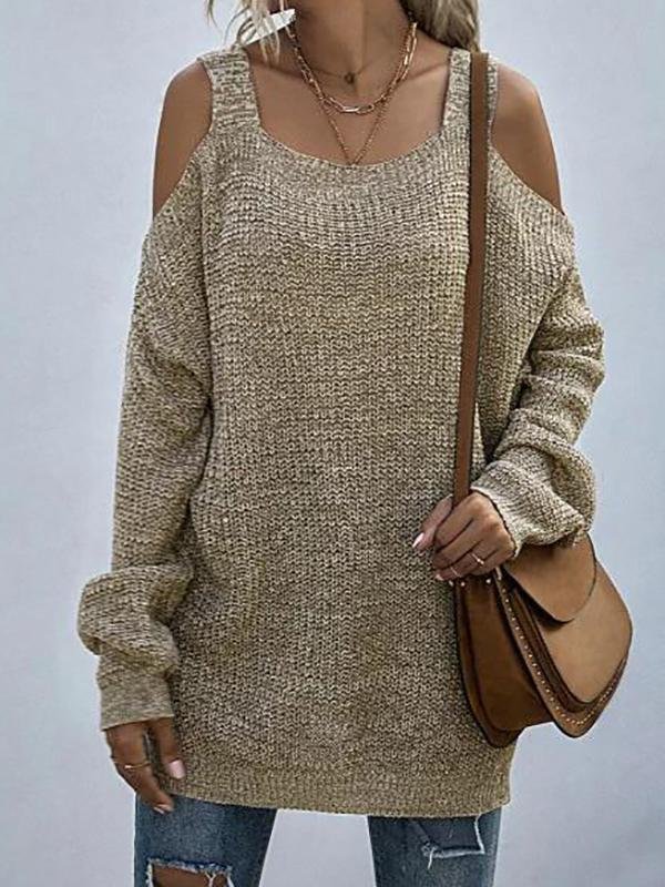Heathered Cold Shoulder Oversize Sweater - Sweaters - INS | Online Fashion Free Shipping Clothing, Dresses, Tops, Shoes - 02/08/2021 - Autumn - Casual