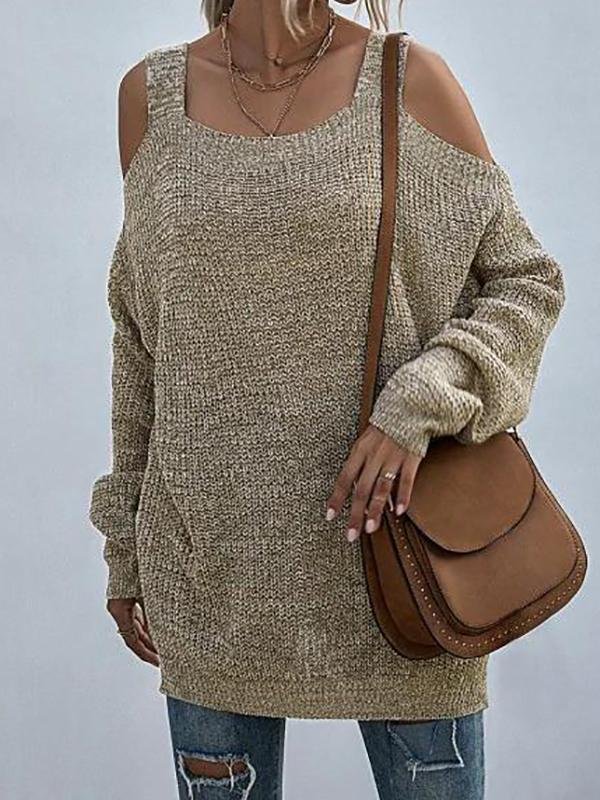Heathered Cold Shoulder Oversize Sweater - Sweaters - INS | Online Fashion Free Shipping Clothing, Dresses, Tops, Shoes - 02/08/2021 - Autumn - Casual