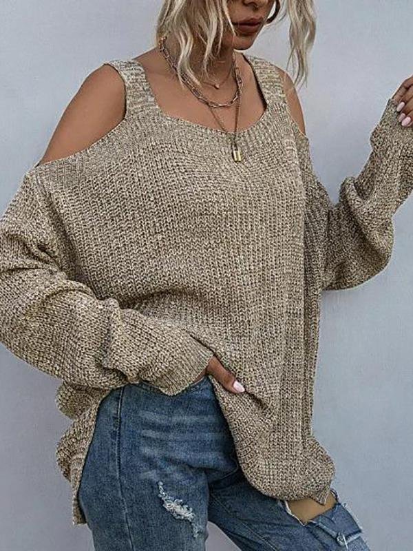 Heathered Cold Shoulder Oversize Sweater - Sweaters - INS | Online Fashion Free Shipping Clothing, Dresses, Tops, Shoes - 02/08/2021 - Autumn - Casual