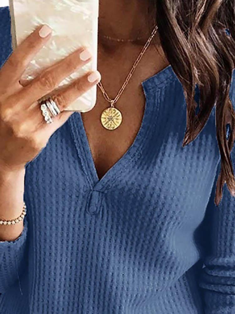 Henley Tops Waffle Knit Tunic V Neck Casual Short Sleeve Pullover T shirt - Blouses - INS | Online Fashion Free Shipping Clothing, Dresses, Tops, Shoes - 30/04/2021 - BLO210430022 - Blouses