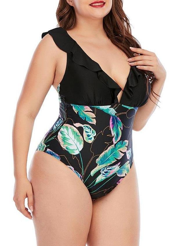 High Cut Plus Size Printing Colorblock Ruffle Swimsuit - Plus Swimsuits - INS | Online Fashion Free Shipping Clothing, Dresses, Tops, Shoes - 22/04/2021 - Color_Black - Color_Green