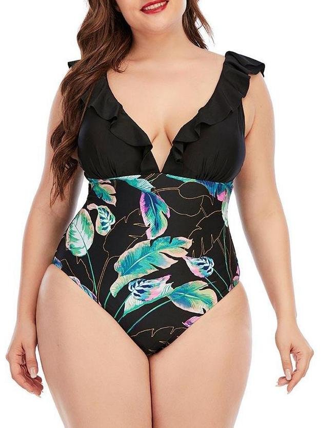 High Cut Plus Size Printing Colorblock Ruffle Swimsuit - Plus Swimsuits - INS | Online Fashion Free Shipping Clothing, Dresses, Tops, Shoes - 22/04/2021 - Color_Black - Color_Green