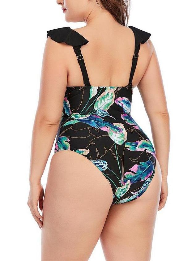 High Cut Plus Size Printing Colorblock Ruffle Swimsuit - Plus Swimsuits - INS | Online Fashion Free Shipping Clothing, Dresses, Tops, Shoes - 22/04/2021 - Color_Black - Color_Green