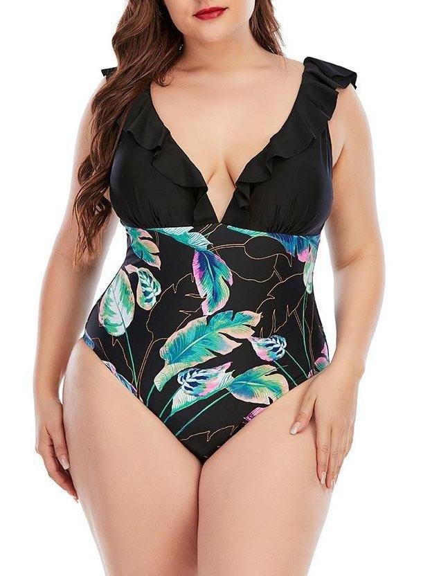 High Cut Plus Size Printing Colorblock Ruffle Swimsuit - Plus Swimsuits - INS | Online Fashion Free Shipping Clothing, Dresses, Tops, Shoes - 22/04/2021 - Color_Black - Color_Green