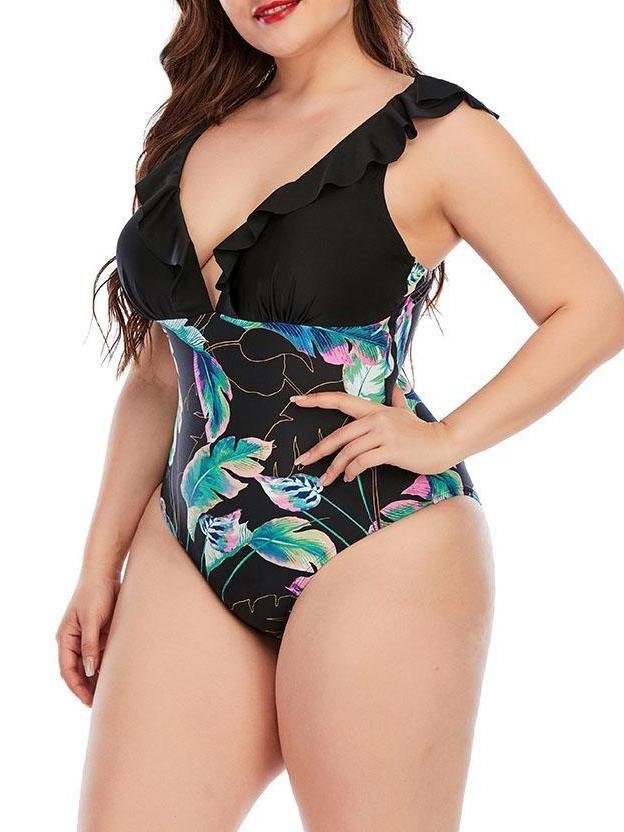 High Cut Plus Size Printing Colorblock Ruffle Swimsuit - Plus Swimsuits - INS | Online Fashion Free Shipping Clothing, Dresses, Tops, Shoes - 22/04/2021 - Color_Black - Color_Green