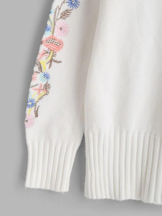 High Neck Floral Embroidered Drop Shoulder Sweater - INS | Online Fashion Free Shipping Clothing, Dresses, Tops, Shoes