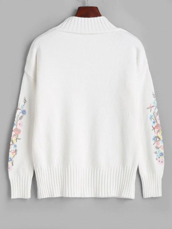 High Neck Floral Embroidered Drop Shoulder Sweater - INS | Online Fashion Free Shipping Clothing, Dresses, Tops, Shoes
