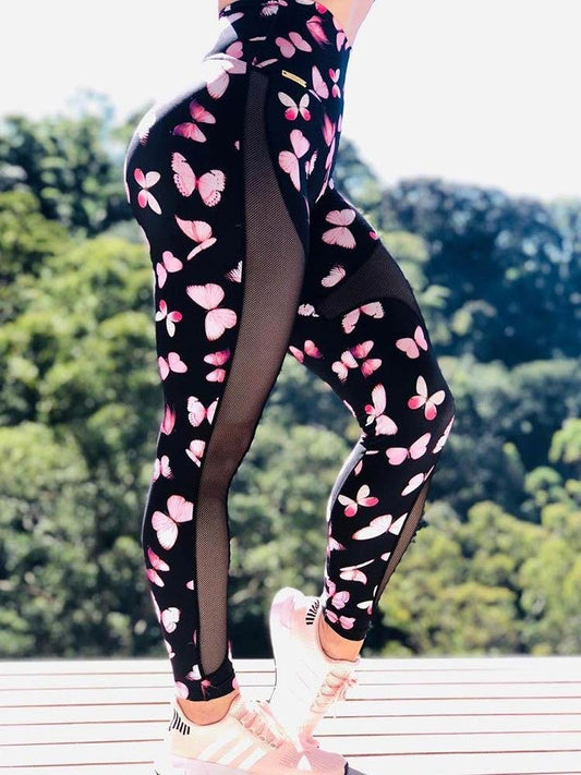 High Rise Butterfly Print Mesh Butt Lifting Yoga Pants - Leggings - INS | Online Fashion Free Shipping Clothing, Dresses, Tops, Shoes - 04/05/2021 - Color_Black - LEG210504017