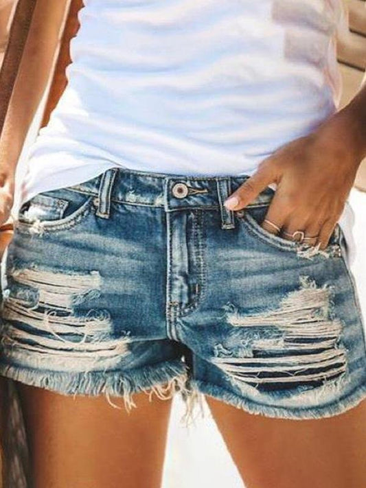 High Waist Fringed Ripped Casual Denim Shorts - Denim Shorts - INS | Online Fashion Free Shipping Clothing, Dresses, Tops, Shoes - 14/05/2021 - 140521 - Category_Denim Shorts