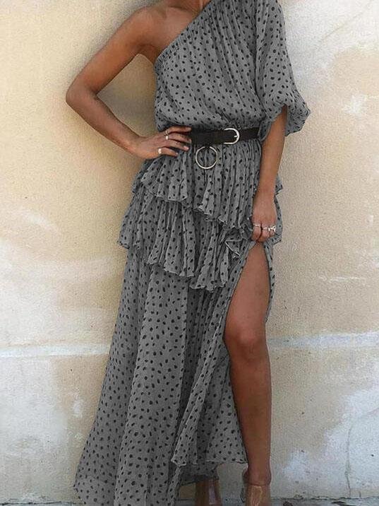 High Waist Polka Dot Slanted Shoulder Long Dress - Maxi Dresses - INS | Online Fashion Free Shipping Clothing, Dresses, Tops, Shoes - 07/06/2021 - Color_Gray - Color_Khaki