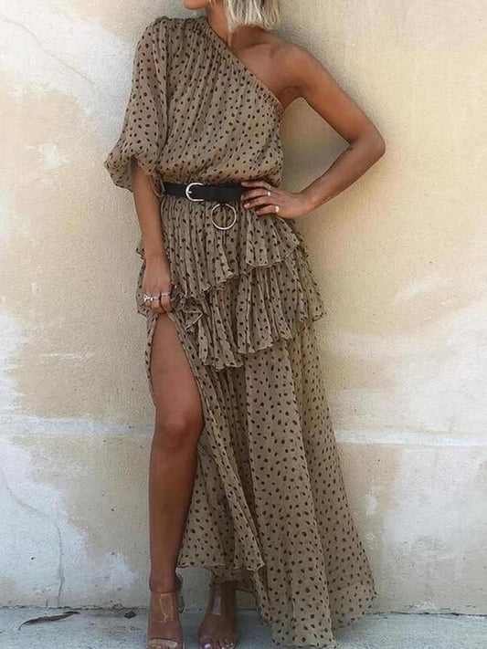 High Waist Polka Dot Slanted Shoulder Long Dress - Maxi Dresses - INS | Online Fashion Free Shipping Clothing, Dresses, Tops, Shoes - 07/06/2021 - Color_Gray - Color_Khaki