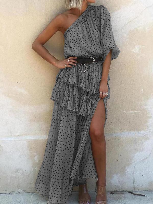 High Waist Polka Dot Slanted Shoulder Long Dress - Maxi Dresses - INS | Online Fashion Free Shipping Clothing, Dresses, Tops, Shoes - 07/06/2021 - Color_Gray - Color_Khaki