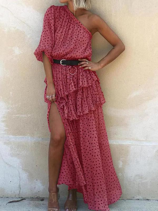 High Waist Polka Dot Slanted Shoulder Long Dress - Maxi Dresses - INS | Online Fashion Free Shipping Clothing, Dresses, Tops, Shoes - 07/06/2021 - Color_Gray - Color_Khaki