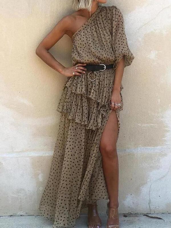 High Waist Polka Dot Slanted Shoulder Long Dress - Maxi Dresses - INS | Online Fashion Free Shipping Clothing, Dresses, Tops, Shoes - 07/06/2021 - Color_Gray - Color_Khaki