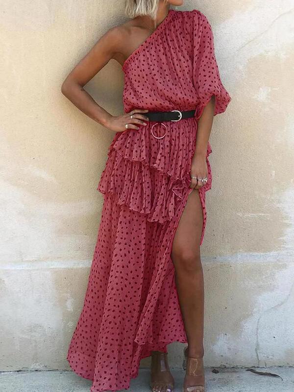 High Waist Polka Dot Slanted Shoulder Long Dress - Maxi Dresses - INS | Online Fashion Free Shipping Clothing, Dresses, Tops, Shoes - 07/06/2021 - Color_Gray - Color_Khaki