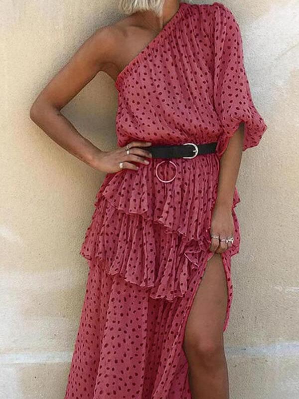 High Waist Polka Dot Slanted Shoulder Long Dress - Maxi Dresses - INS | Online Fashion Free Shipping Clothing, Dresses, Tops, Shoes - 07/06/2021 - Color_Gray - Color_Khaki