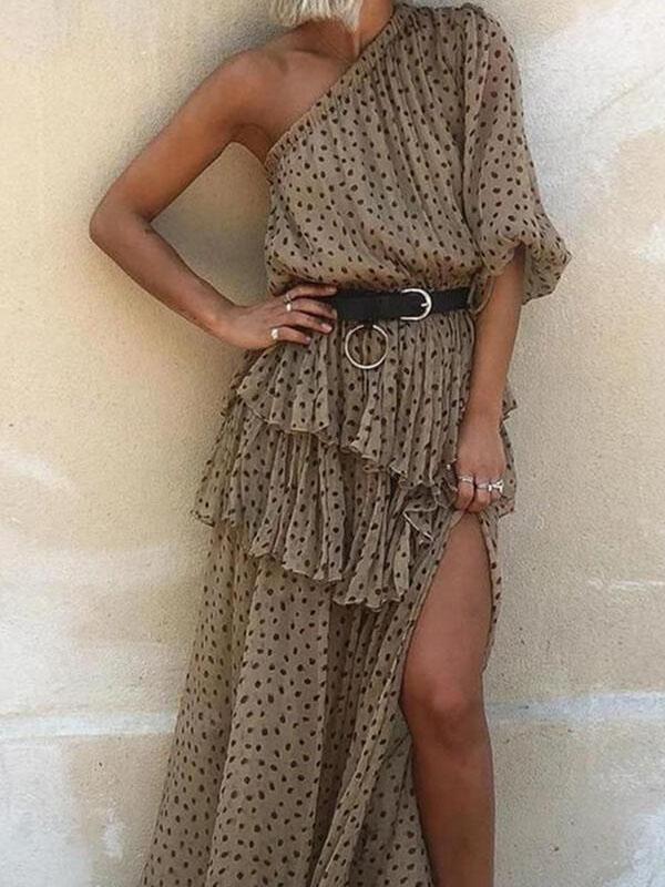 High Waist Polka Dot Slanted Shoulder Long Dress - Maxi Dresses - INS | Online Fashion Free Shipping Clothing, Dresses, Tops, Shoes - 07/06/2021 - Color_Gray - Color_Khaki