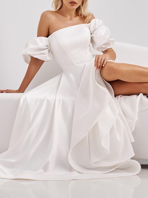 High Waist White One-shoulder Big Swing Dress - Maxi Dresses - INS | Online Fashion Free Shipping Clothing, Dresses, Tops, Shoes - 06/07/2021 - 30-40 - color-white
