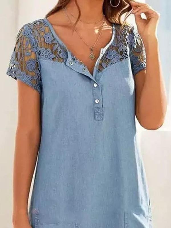 Hollow Lace Short-sleeved Denim Dress - Mini Dresses - INS | Online Fashion Free Shipping Clothing, Dresses, Tops, Shoes - 24/05/2021 - Category_Mini Dresses - Color_Blue
