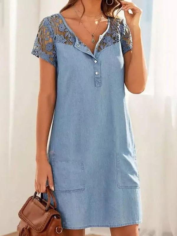 Hollow Lace Short-sleeved Denim Dress - Mini Dresses - INS | Online Fashion Free Shipping Clothing, Dresses, Tops, Shoes - 24/05/2021 - Category_Mini Dresses - Color_Blue