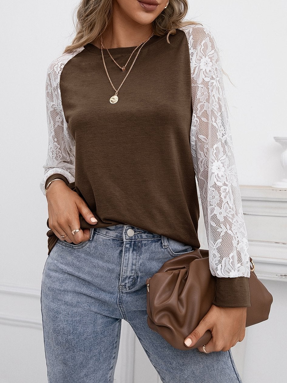 Hollow Lace Stitching Long-sleeved Round Neck T-shirt - T-shirts - INS | Online Fashion Free Shipping Clothing, Dresses, Tops, Shoes - 09/07/2021 - 20-30 - color-black