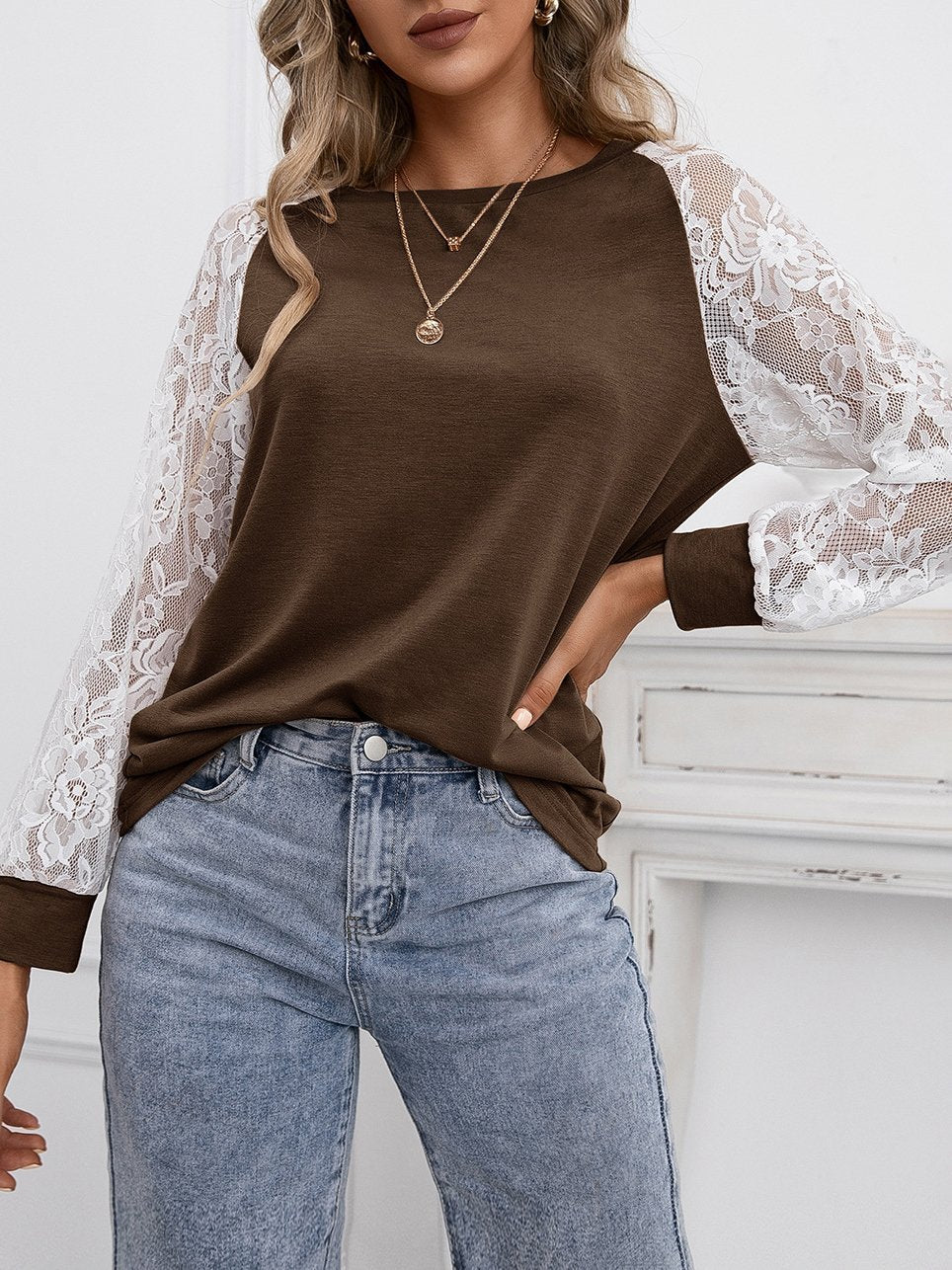 Hollow Lace Stitching Long-sleeved Round Neck T-shirt - T-shirts - INS | Online Fashion Free Shipping Clothing, Dresses, Tops, Shoes - 09/07/2021 - 20-30 - color-black