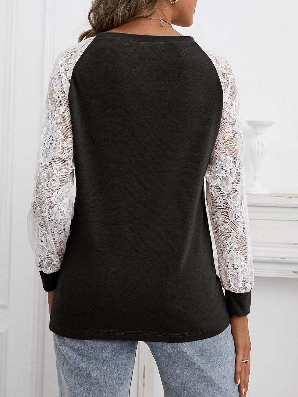 Hollow Lace Stitching Long-sleeved Round Neck T-shirt - T-shirts - INS | Online Fashion Free Shipping Clothing, Dresses, Tops, Shoes - 09/07/2021 - 20-30 - color-black